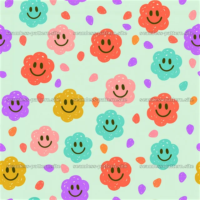 Rainbow smiley flowers seamless pattern in bright colors — seamless tileable pattern