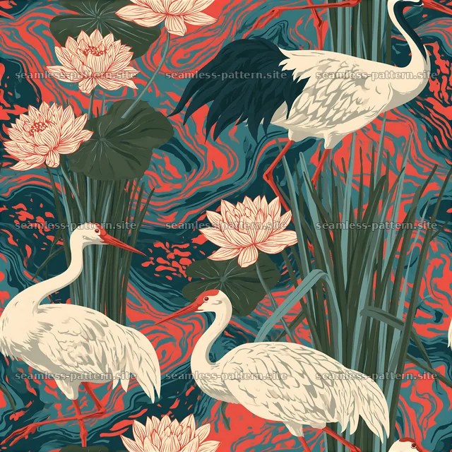 Colorful design with cranes and lotus flowers in a seamless pattern — seamless tileable pattern