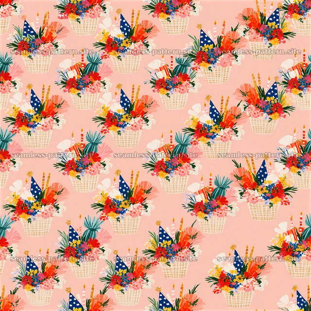 Repeat pattern with birthday gift baskets featuring floral — seamless tileable pattern