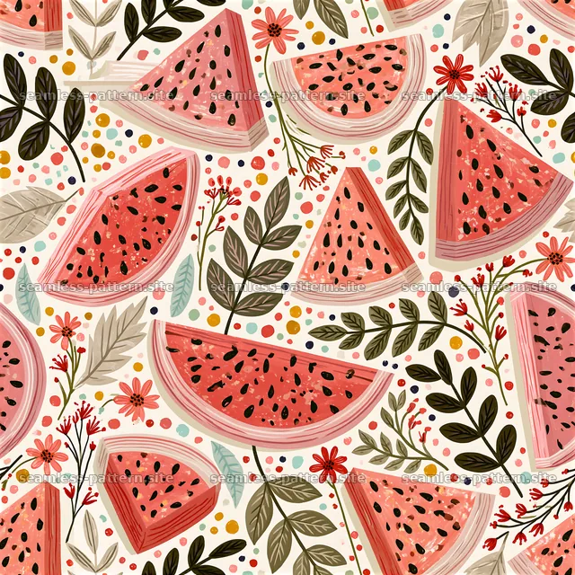 Watermelon and floral seamless pattern with bright colors — seamless tileable pattern
