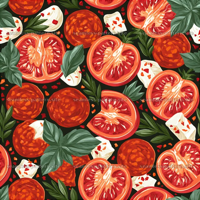 Natural seamless pattern of pizza ingredients with tomatoes and cheese — seamless tileable pattern