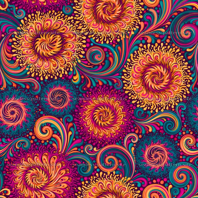 Vivid swirls and floral shapes create a bright seamless pattern — seamless tileable pattern