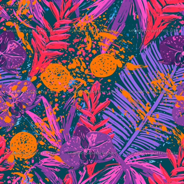 Vibrant floral design with leaves and fruit in bold colors — seamless tileable pattern
