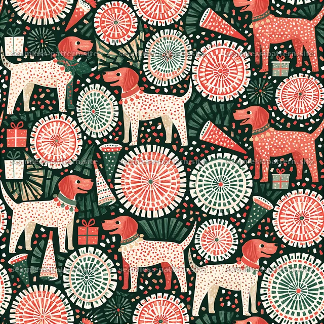 Colorful pattern featuring playful dogs and festive elements — seamless tileable pattern