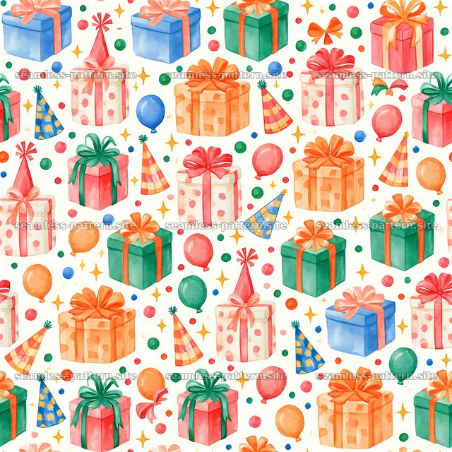 Birthday watercolor seamless pattern with gifts and balloons — seamless tileable pattern
