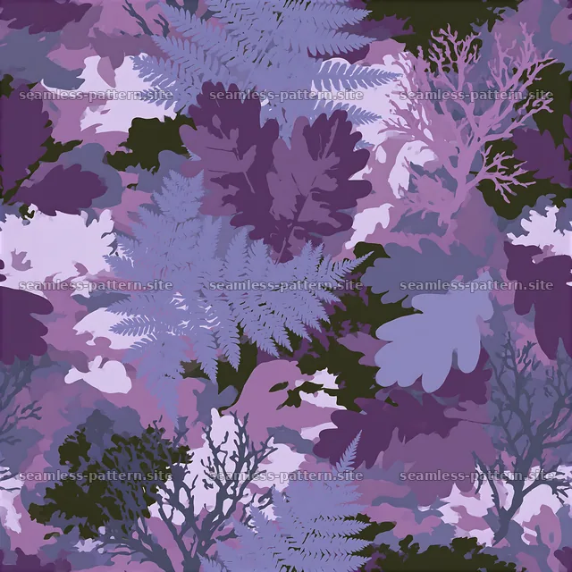purple woodland camouflage repeat pattern with leaves and foliage — seamless tileable pattern