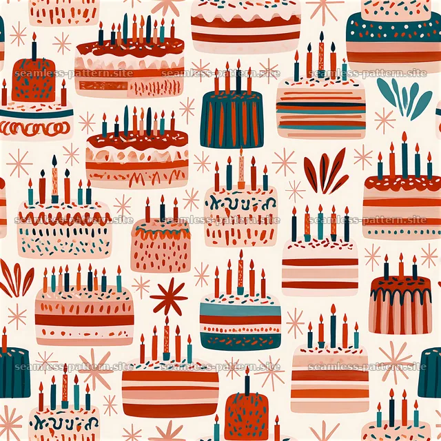 Colorful Birthday Cake and Candle Seamless Pattern — seamless tileable pattern