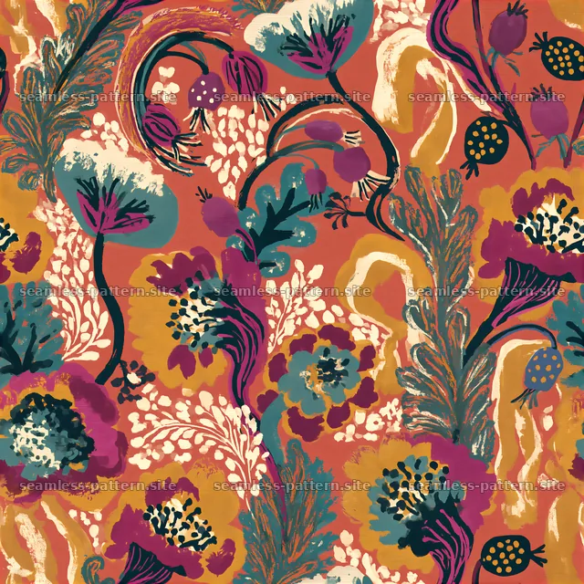 Funky Botanical Tileable Pattern with Colorful Flowers — seamless tileable pattern