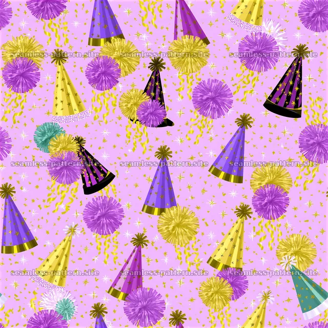 Colorful party hats and pom poms on a pink background seamless pattern — seamless tileable pattern