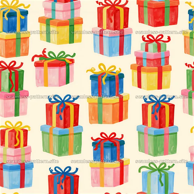 Repeat pattern with colorful present stacks in various shapes — seamless tileable pattern