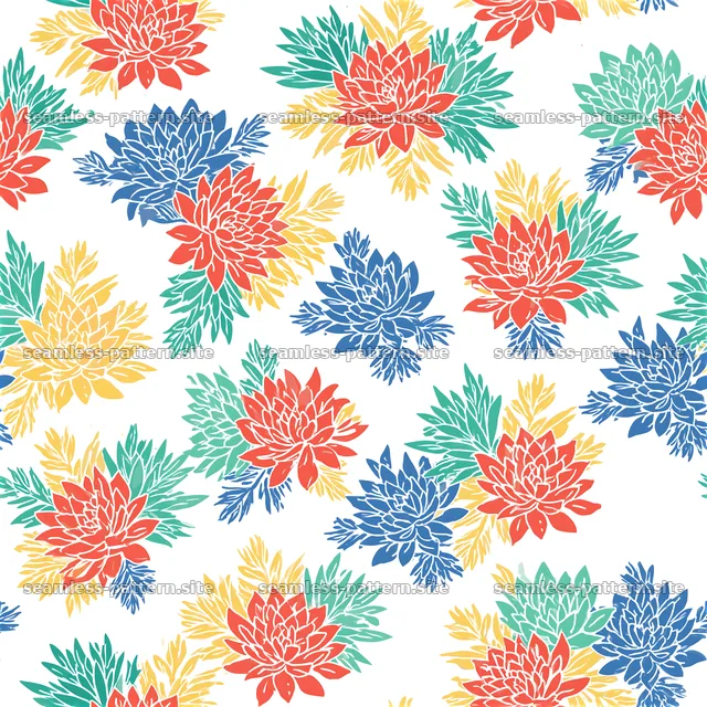 Bright flowers with green leaves arranged in a seamless pattern — seamless tileable pattern