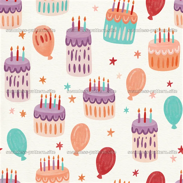 Birthday cake seamless pattern with balloons and stars for festive decor — seamless tileable pattern
