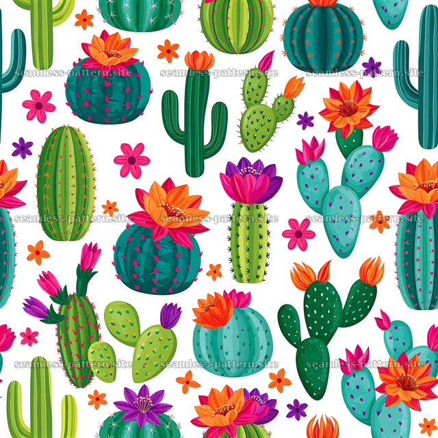Vibrant cactus design with flowers in seamless pattern — seamless tileable pattern