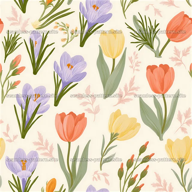 Colorful floral seamless pattern with spring flowers and leaves — seamless tileable pattern