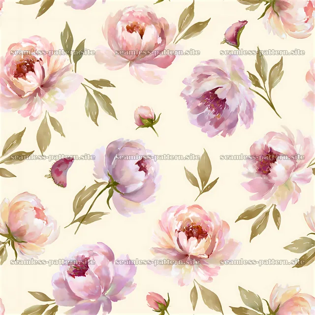Peony flowers with green leaves in light background pattern — seamless tileable pattern