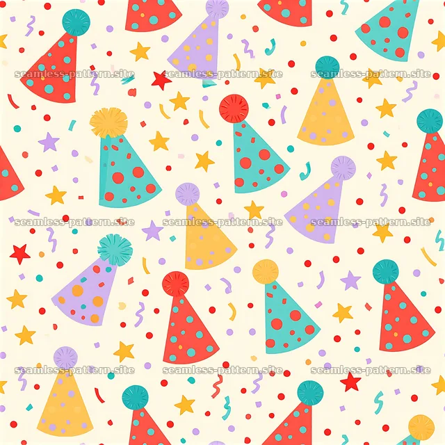 Birthday party hats seamless pattern with fun shapes and colors — seamless tileable pattern