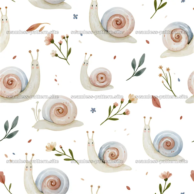 Cute snail seamless pattern for kids with flowers and leaves — seamless tileable pattern