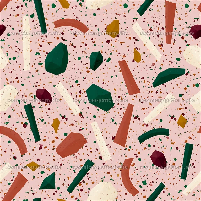 Funky terrazzo seamless texture with colorful shapes on light pink — seamless tileable pattern