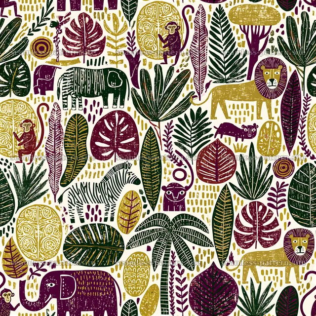 Colorful Safari Animal and Tropical Leaf Seamless Pattern — seamless tileable pattern