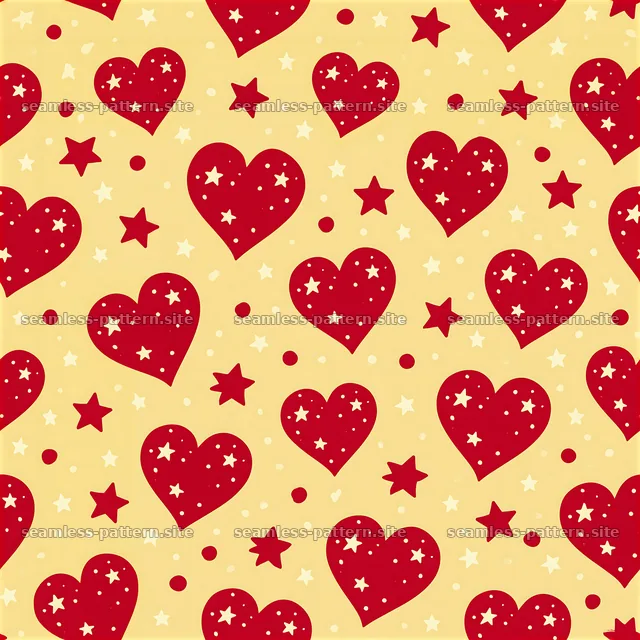Red hearts and stars on a yellow background seamless pattern — seamless tileable pattern