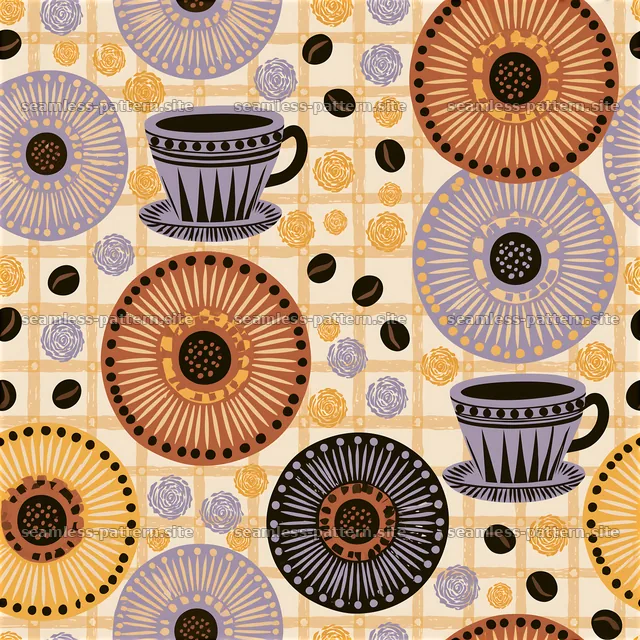 Seamless coffee boho pattern with cups and floral elements — seamless tileable pattern