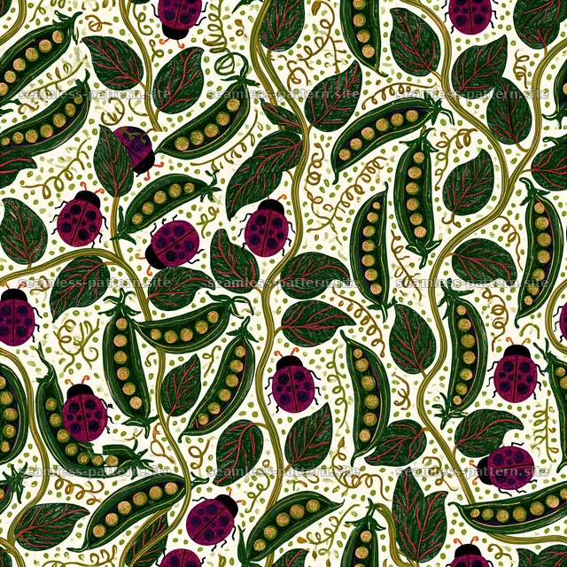 Floral and insect seamless pattern with green leaves and ladybugs — seamless tileable pattern