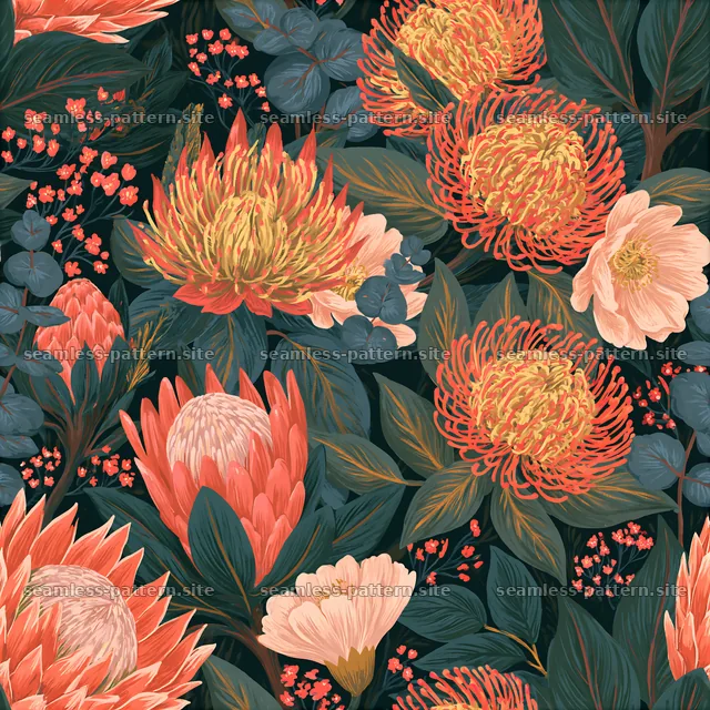 Bold floral seamless pattern featuring colorful blooms and dark leaves — seamless tileable pattern