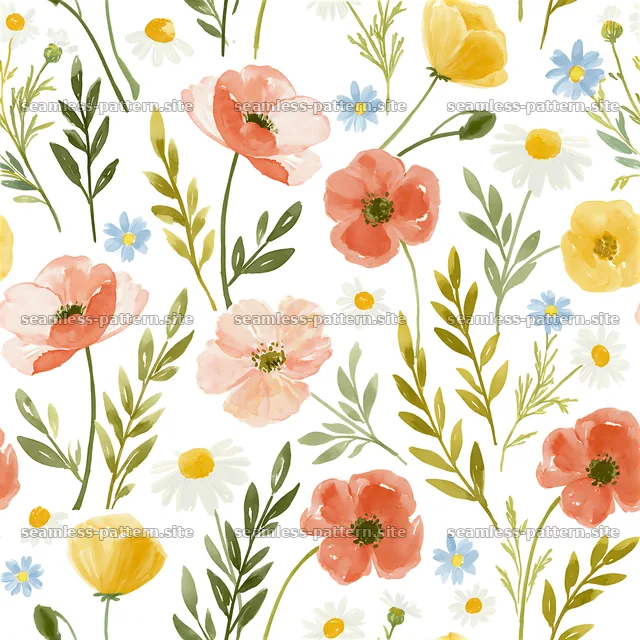 Vintage floral repeat pattern with colorful flowers and green foliage — seamless tileable pattern