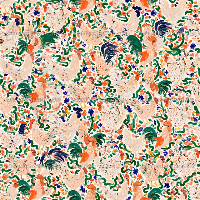 Colorful Folk Art Rooster and Floral Seamless Pattern — seamless tileable pattern