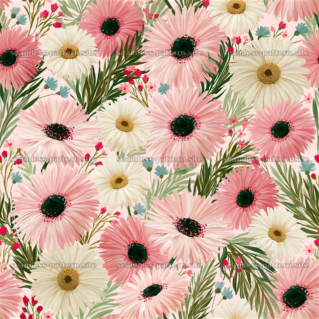 Colorful floral seamless pattern with daisies and greenery — seamless tileable pattern