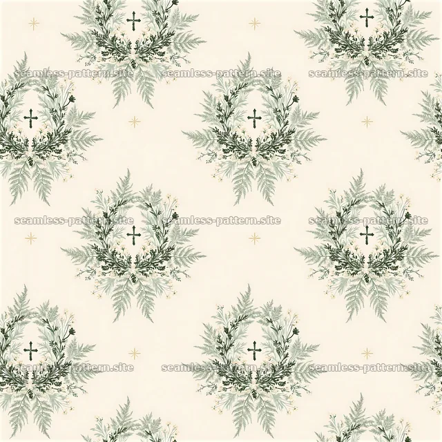 Repeating pattern of botanical wreaths surrounding small crosses — seamless tileable pattern