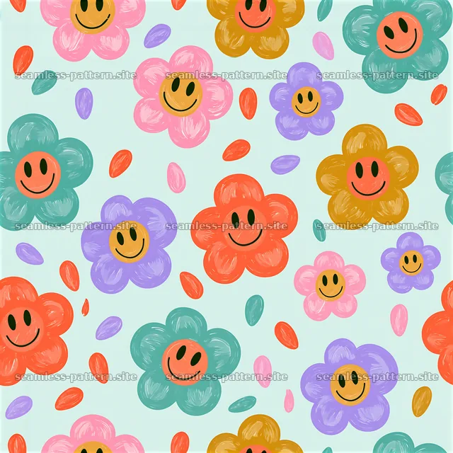 Rainbow smiley flowers seamless pattern brings color to your space — seamless tileable pattern