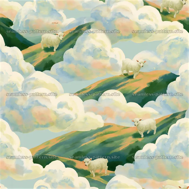 Seamless pattern of lambs, clouds and soft watercolor landscapes with — seamless tileable pattern