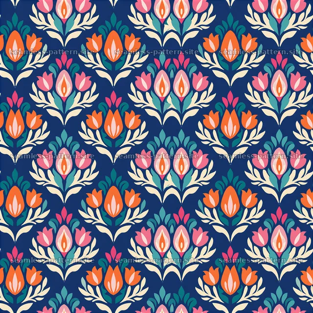 Floral heart medallions repeat pattern in bright colors — seamless tileable pattern