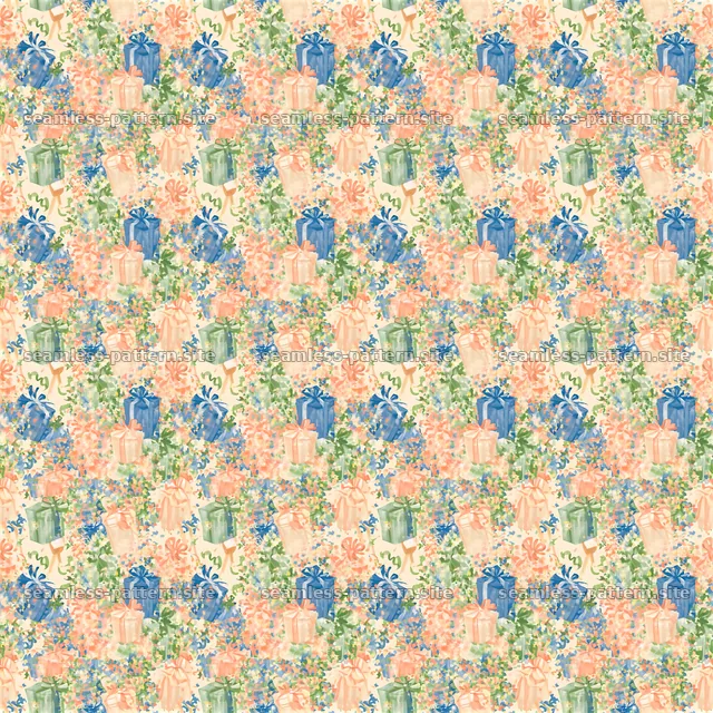 Colorful gift boxes with floral elements in a seamless pattern — seamless tileable pattern