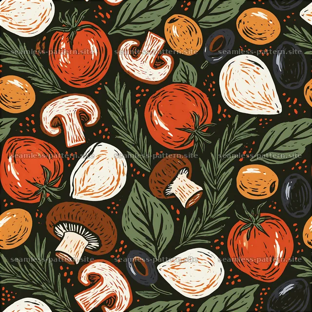 seamless pizza ingredient pattern with vegetables and mushrooms — seamless tileable pattern
