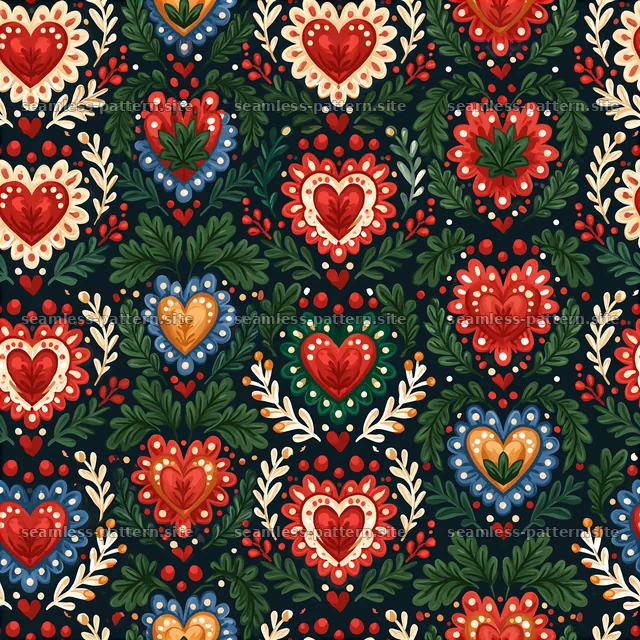Folk art heart pattern with vibrant colors and floral elements — seamless tileable pattern