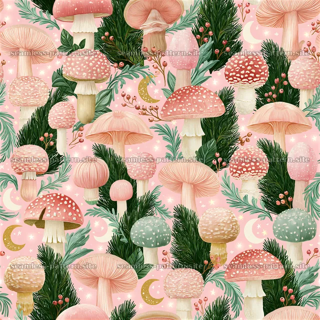 Mushrooms and foliage create a colorful seamless pattern — seamless tileable pattern