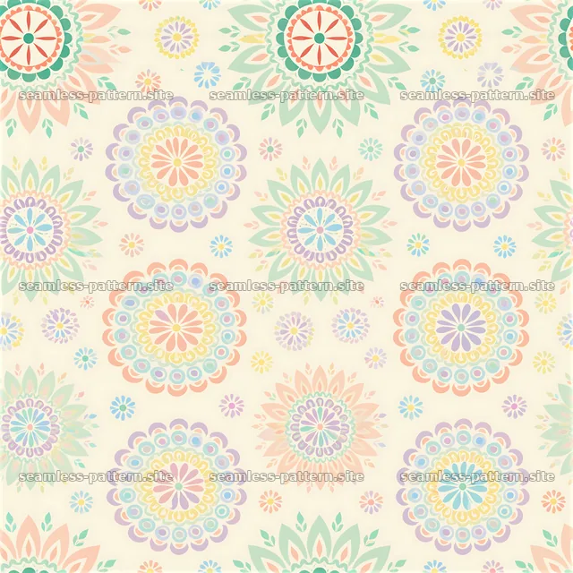 Colorful mandala pattern with floral designs on a light background — seamless tileable pattern