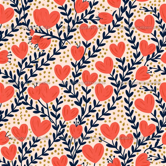 Colorful floral pattern with hearts and leaves on a light background — seamless tileable pattern