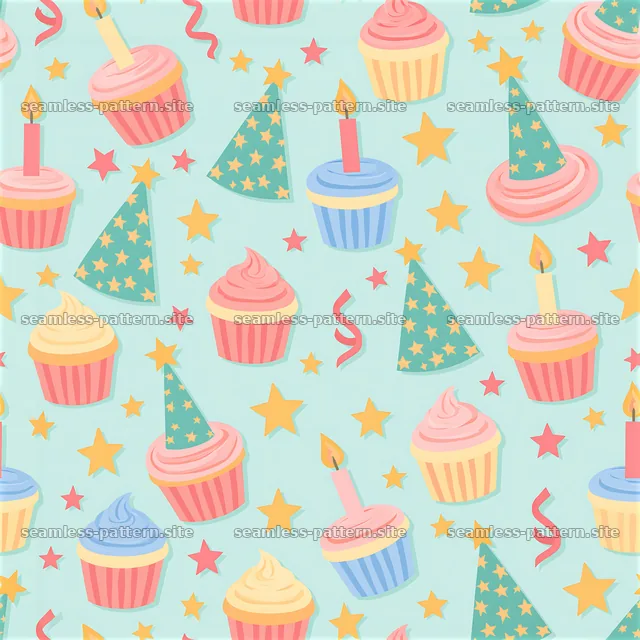 Birthday pastel seamless pattern with cupcakes and party hats — seamless tileable pattern