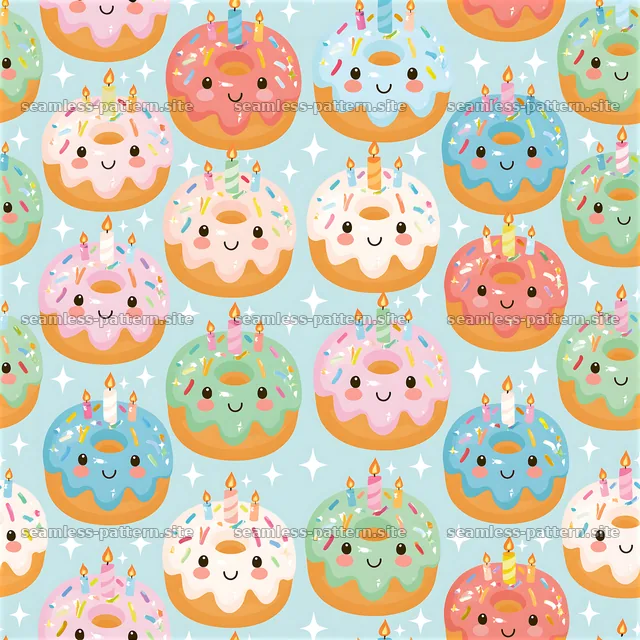 Birthday cute kawaii seamless pattern with smiling donuts and candles — seamless tileable pattern