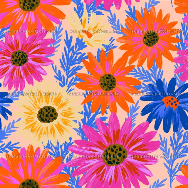 Colorful daisy seamless pattern with vibrant flowers on a light background — seamless tileable pattern
