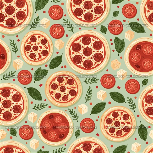 Seamless pizzeria food pattern with pizza, tomatoes, and herbs — seamless tileable pattern
