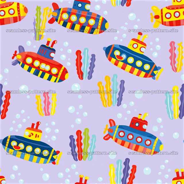 Colorful submarines with bubbles and sea plants in a playful layout — seamless tileable pattern