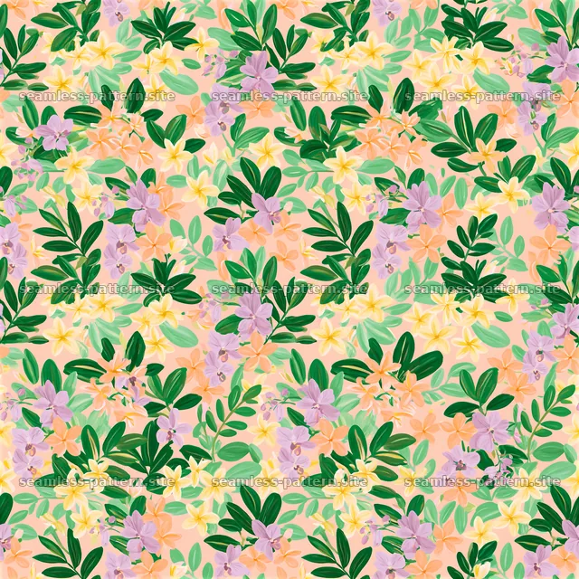 Tropical floral repeat pattern with green leaves and pastel flowers — seamless tileable pattern