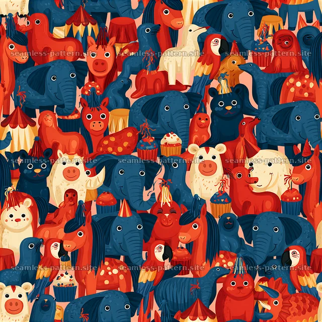 Colorful animals celebrating with party hats in a seamless design — seamless tileable pattern