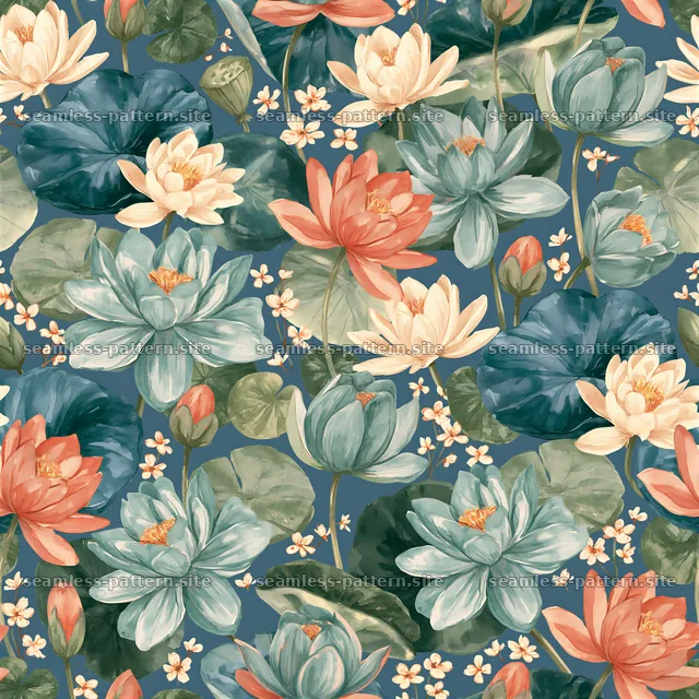 Dense floral repeat pattern with water lilies and roses on blue — seamless tileable pattern