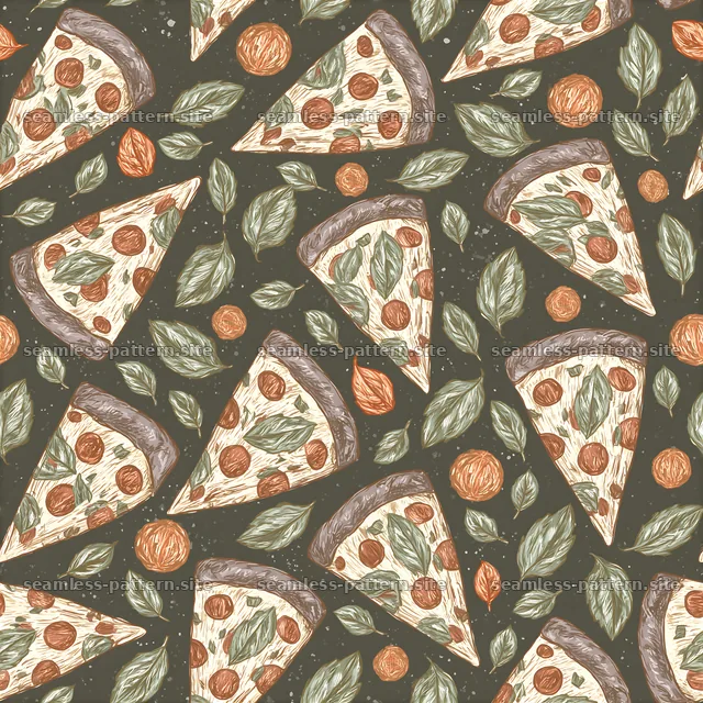Hand Drawn Pizza Slice and Leaf Seamless Pattern — seamless tileable pattern