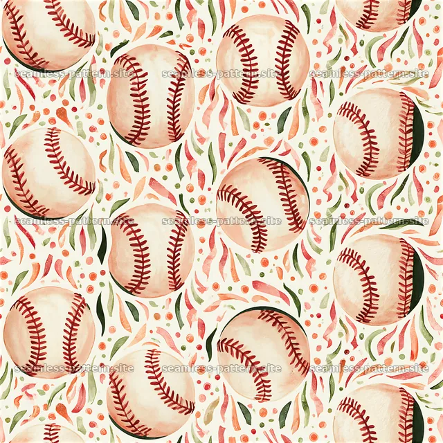 Baseball seamless pattern with floral motifs and light colors — seamless tileable pattern